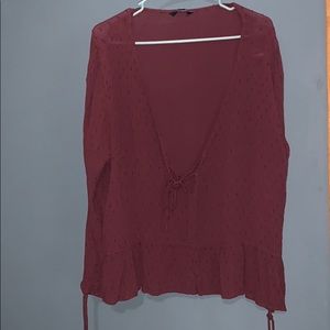 Deep v neck maroon tie and flowy blouse